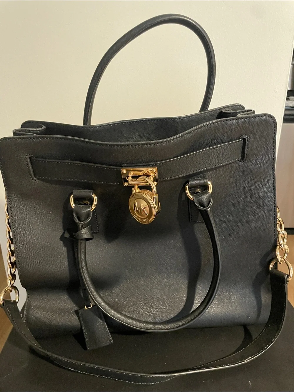 Michael Kors Black Leather Satchel with Gold Hardware and MK Lock